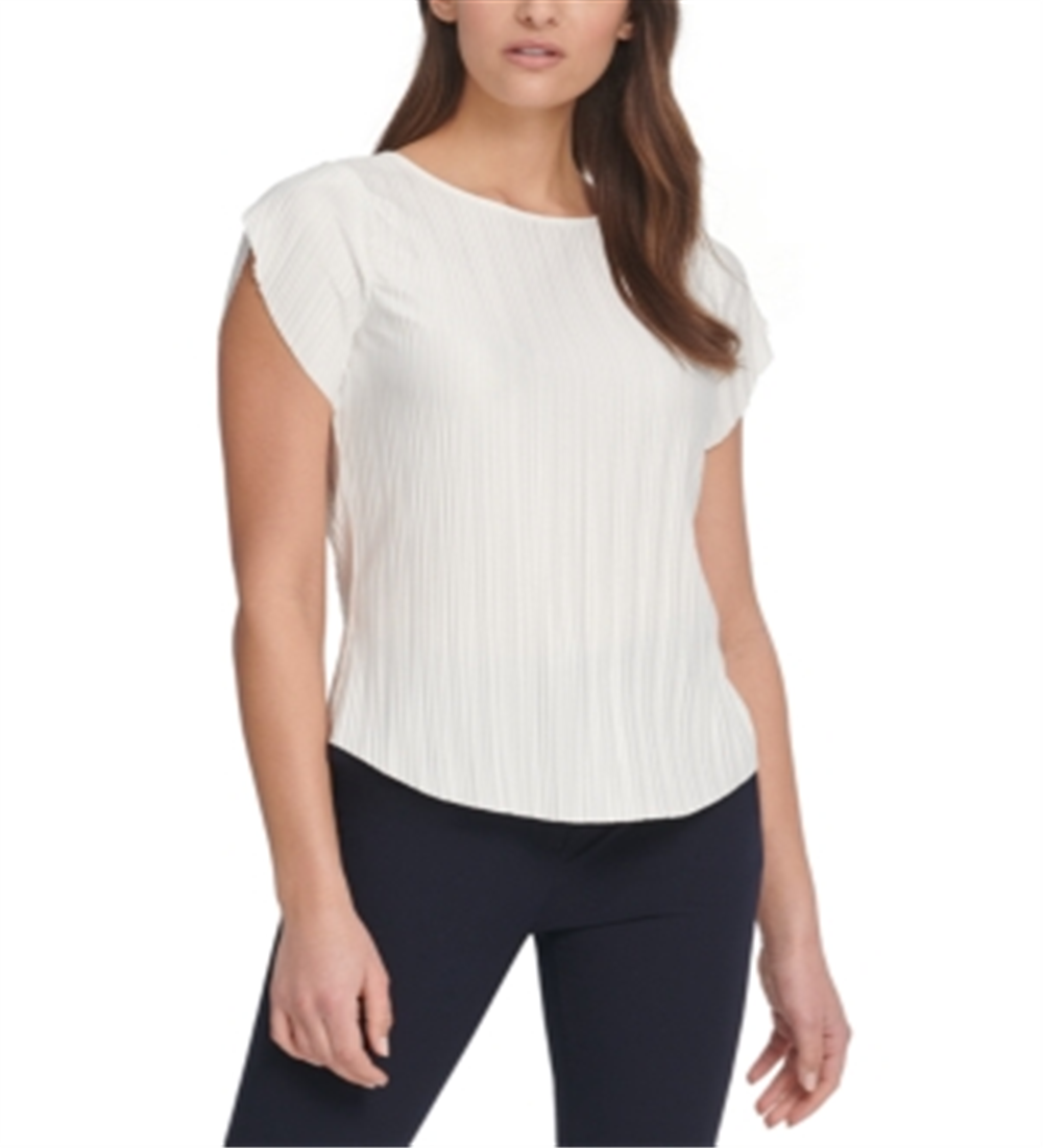 DKNY Women's Pleated Flutter Sleeve Top White Size Large