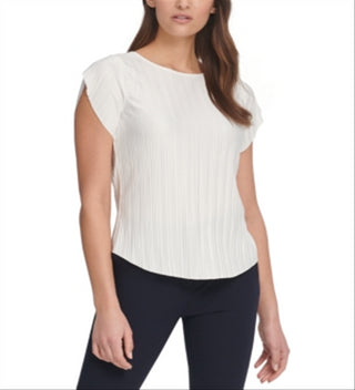 DKNY Women's Pleated Flutter Sleeve Top White Size Large