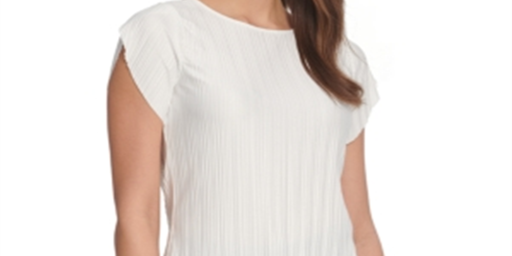 DKNY Women's Pleated Flutter Sleeve Top White Size Large