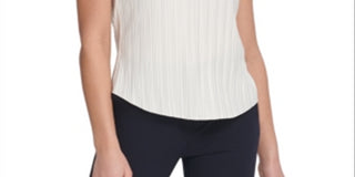 DKNY Women's Pleated Flutter Sleeve Top White Size Large