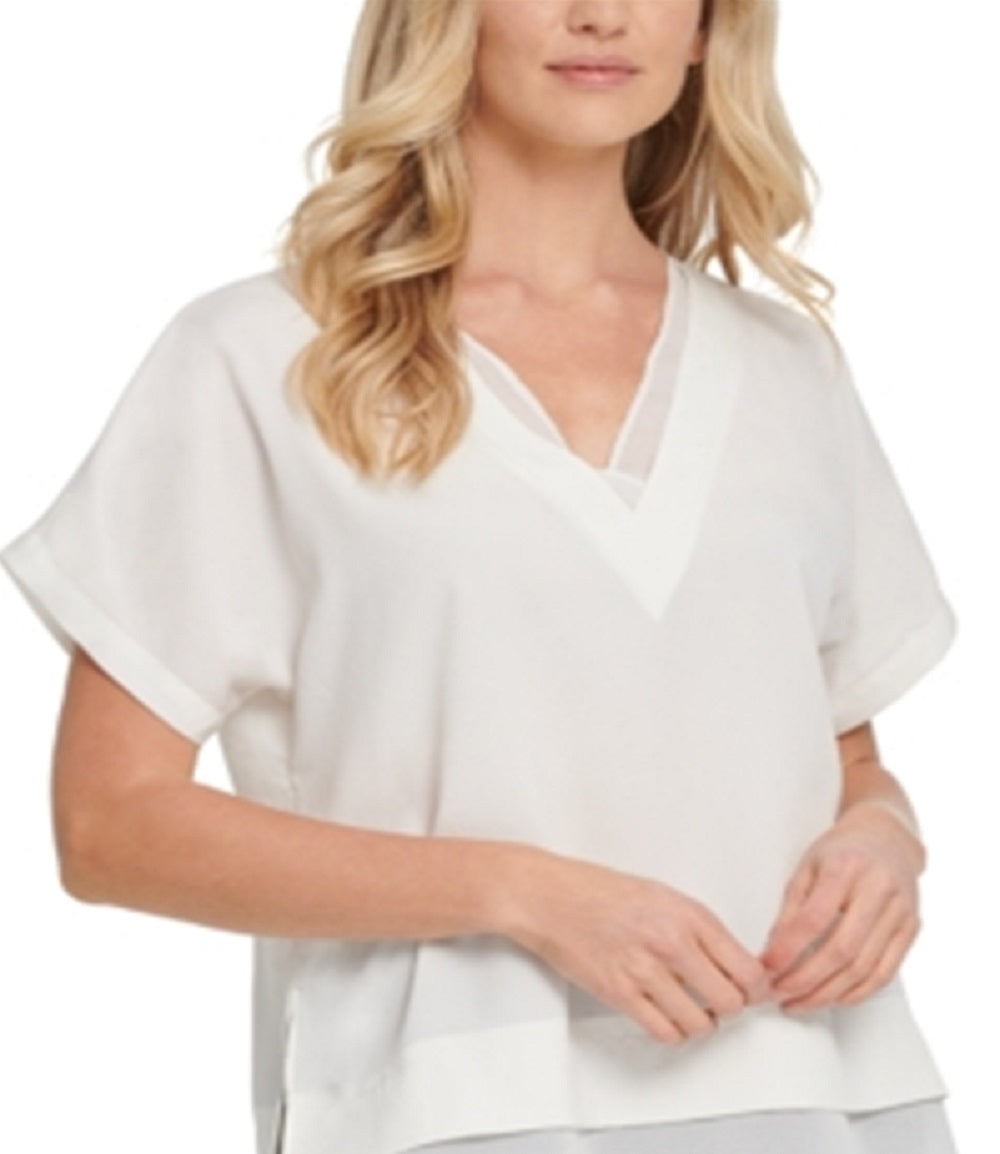 DKNY Women's V Neck Chiffon Trim Top White Size X-Small