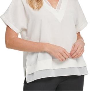 DKNY Women's V Neck Chiffon Trim Top White Size X-Small