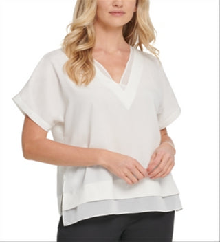 DKNY Women's V Neck Chiffon Trim Top White Size X-Small