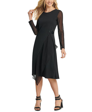 DKNY Women's Sheer Sleeve Asymmetrical Hem Dress Black Size X-Large