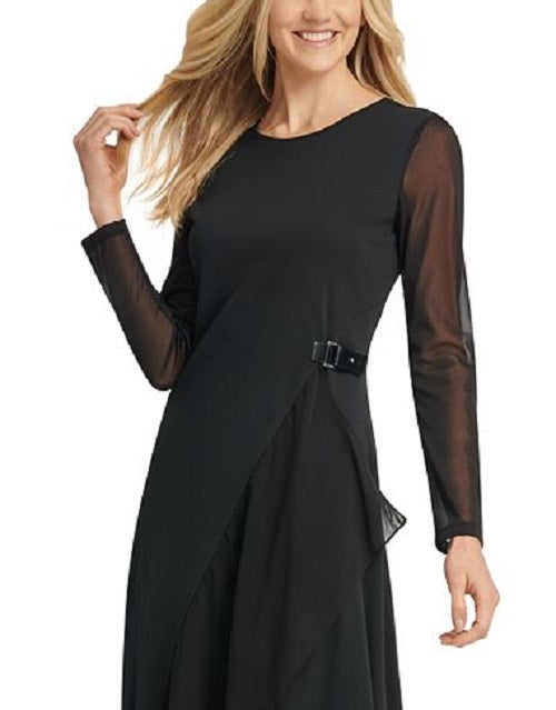 DKNY Women's Sheer Sleeve Asymmetrical Hem Dress Black Size X-Large