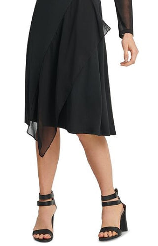 DKNY Women's Sheer Sleeve Asymmetrical Hem Dress Black Size X-Large