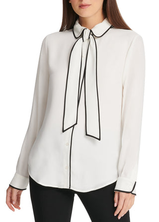 DKNY Women's Piped Trim Button Up Blouse White Size X-Large