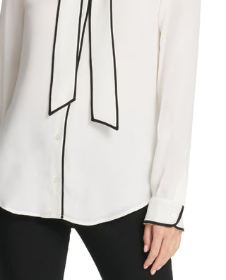DKNY Women's Piped Trim Button Up Blouse White Size X-Large
