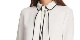 DKNY Women's Piped Trim Button Up Blouse White Size X-Large