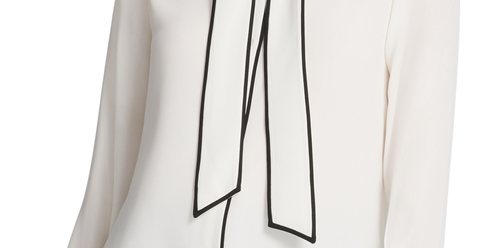 DKNY Women's Piped Trim Button Up Blouse White Size X-Large