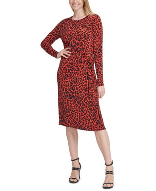 DKNY Women's Animal Print Knot Front Dress Red Size Medium