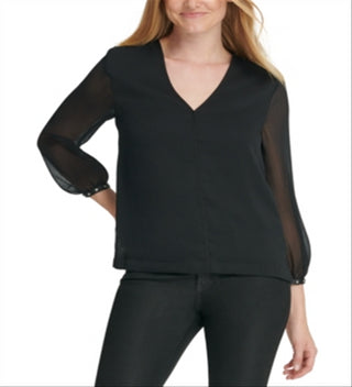 DKNY Women's Sheer Sleeve Studded Top Black Size Medium