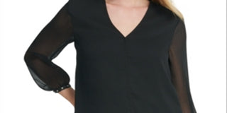 DKNY Women's Sheer Sleeve Studded Top Black Size Medium