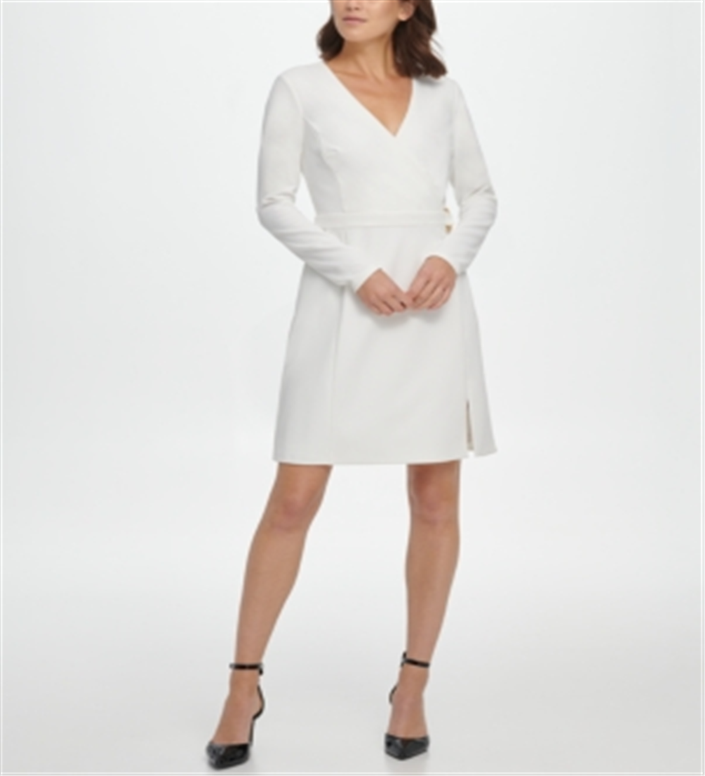 DKNY Women's V Neck Faux Wrap D Ring Fit & Flare Dress White Size 10