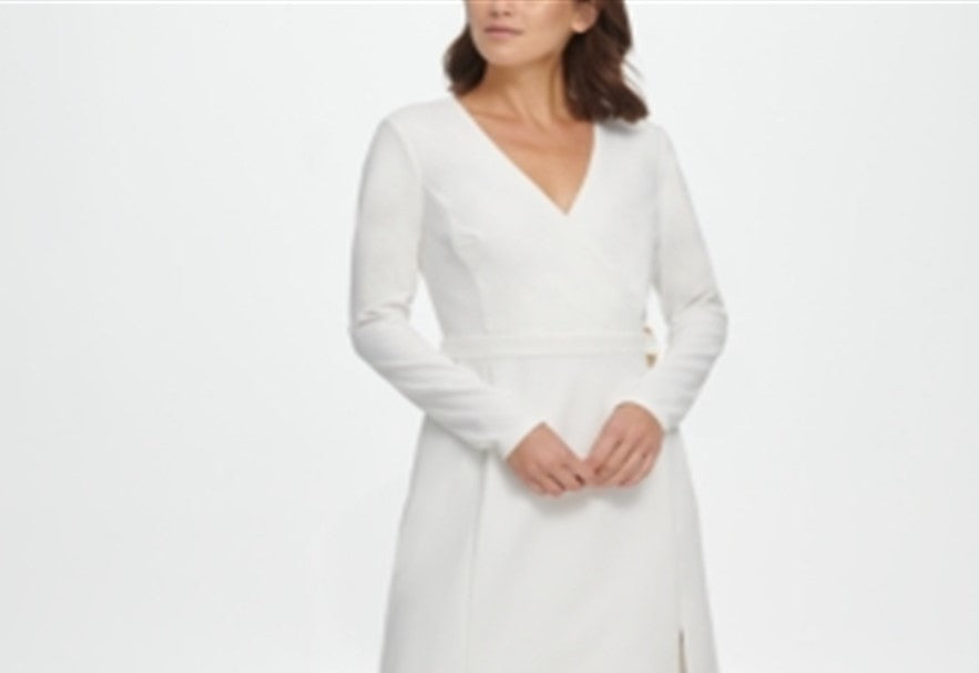 DKNY Women's V Neck Faux Wrap D Ring Fit & Flare Dress White Size 10