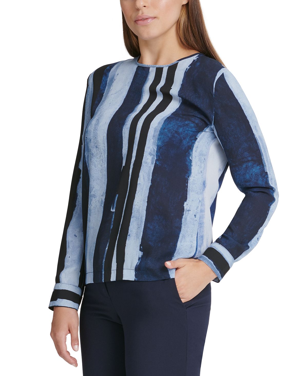 DKNY Women's Long Sleeve Printed Top Blue Size X-Small