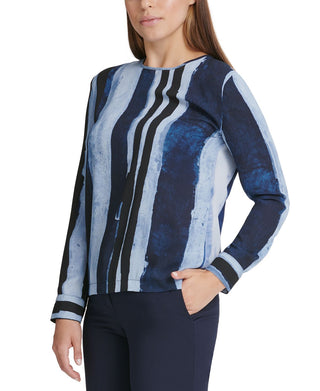 DKNY Women's Long Sleeve Printed Top Blue Size X-Small