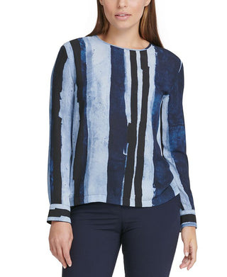 DKNY Women's Printed Long Sleeve Jewel Neck Top Blue Size X-Large