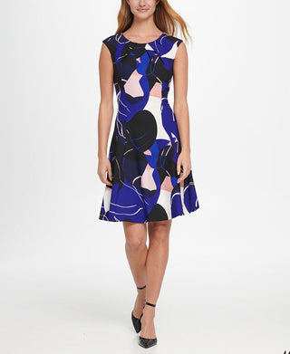 DKNY Women's Abstract Print Pleat Neck Fit & Flare Dress Blue Size 14