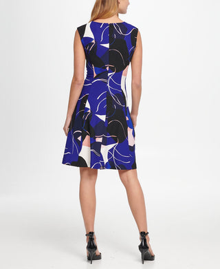 DKNY Women's Abstract Print Pleat Neck Fit & Flare Dress Blue Size 14
