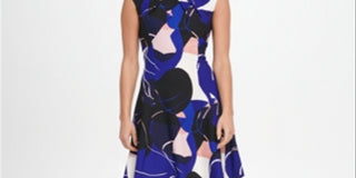 DKNY Women's Abstract Print Pleat Neck Fit & Flare Dress Blue Size 14