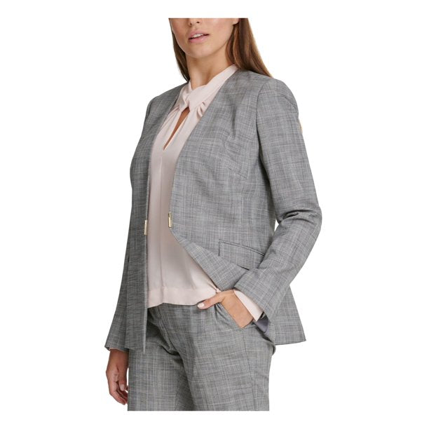 DKNY Women's Plaid Collarless Blazer Gray Size 14