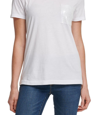 DKNY Women's Sequined Short Sleeve Crew Neck T-Shirt Top White Size X-Large