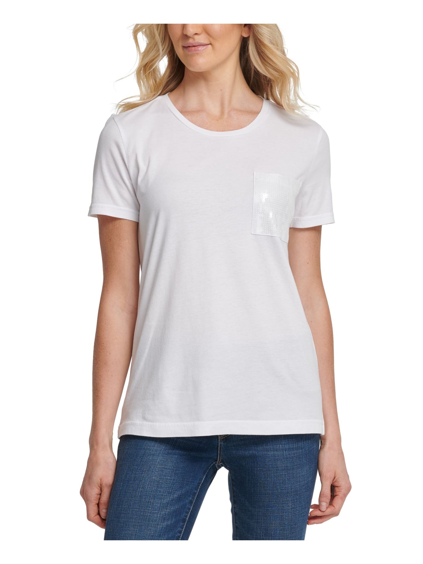 DKNY Women's Sequined Short Sleeve Crew Neck T-Shirt Top White Size Large