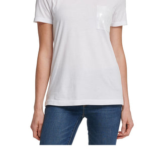 DKNY Women's Sequined Short Sleeve Crew Neck T-Shirt Top White Size Large
