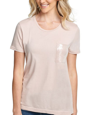 DKNY Women's Sequined Short Sleeve Crew Neck T-Shirt Top Pink Size Large
