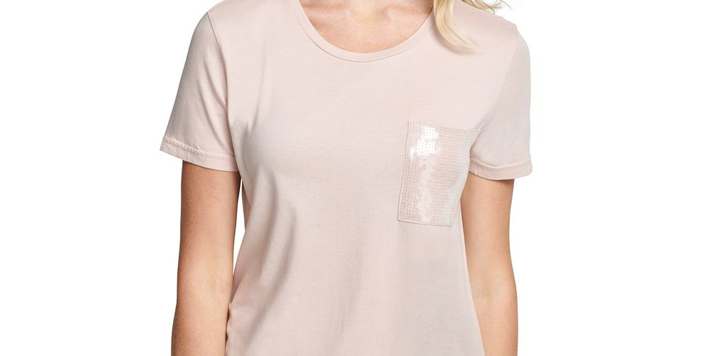 DKNY Women's Sequined Short Sleeve Crew Neck T-Shirt Top Pink Size Large