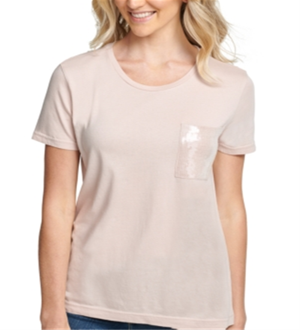 DKNY Women's Sequined Short Sleeve Crew Neck T-Shirt Top Pink Size Large