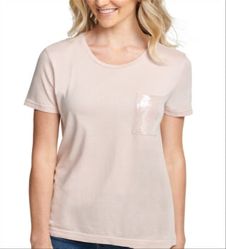 DKNY Women's Sequined Short Sleeve Crew Neck T-Shirt Top Pink Size Large