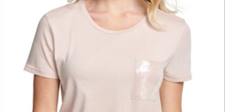 DKNY Women's Sequined Short Sleeve Crew Neck T-Shirt Top Pink Size Large