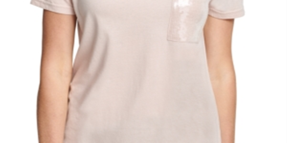 DKNY Women's Sequined Short Sleeve Crew Neck T-Shirt Top Pink Size Large