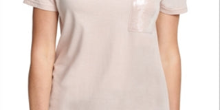 DKNY Women's Sequined Short Sleeve Crew Neck T-Shirt Top Pink Size Large