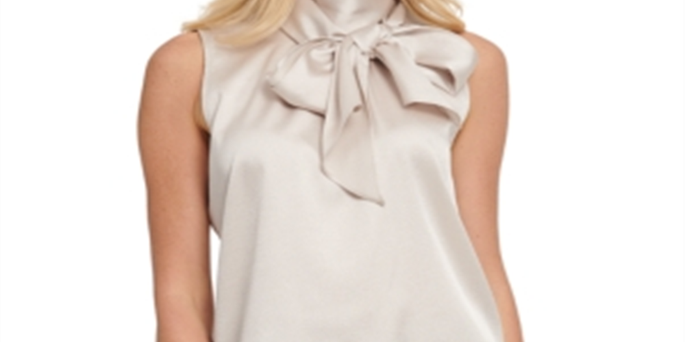 DKNY Women's Bow Mock Neck Blouse Beige Size Large