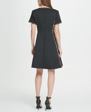 DKNY Women's Animal Trim Scuba Fit Flare Dress Black Size 14