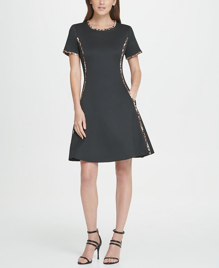 DKNY Women's Animal Print Short Sleeve Jewel Neck Above the Knee Fit Flare Dress Black Size 6