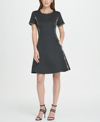 DKNY Women's Animal Print Short Sleeve Jewel Neck Above the Knee Fit Flare Dress Black Size 6