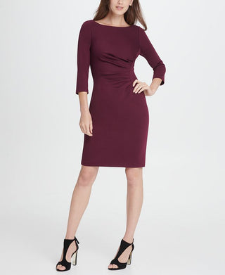 DKNY Women's Ruffled 3/4 Sleeve Jewel Neck Above the Knee Sheath Wear to Work Dress Red Size 14