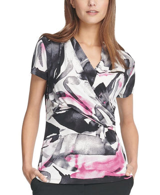DKNY Women's Printed Side Ruched Top Gray Size Large
