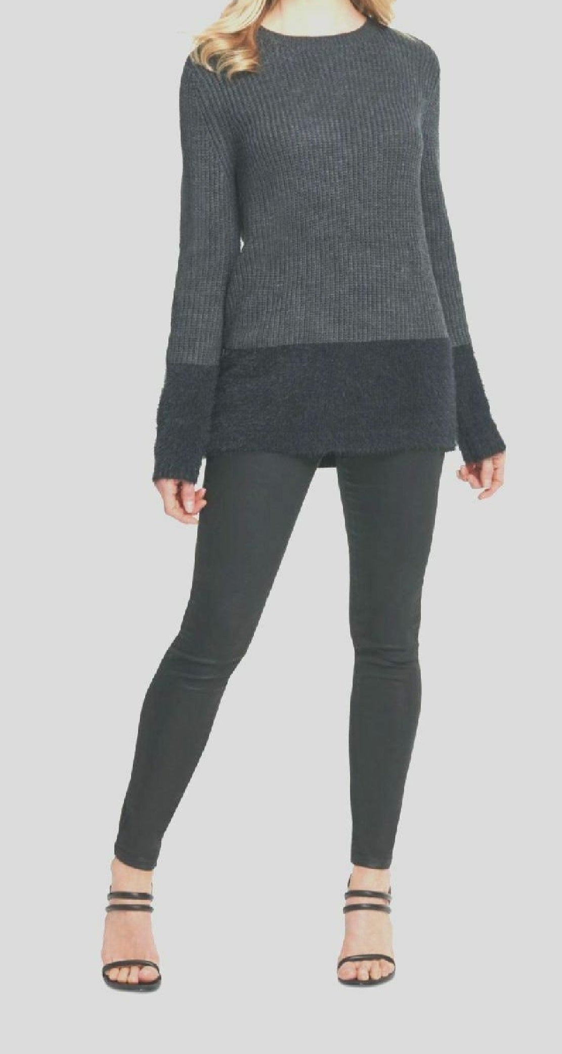 DKNY Women's Faux Fur Printed Long Sleeve Crew Neck Sweater Gray Size Small