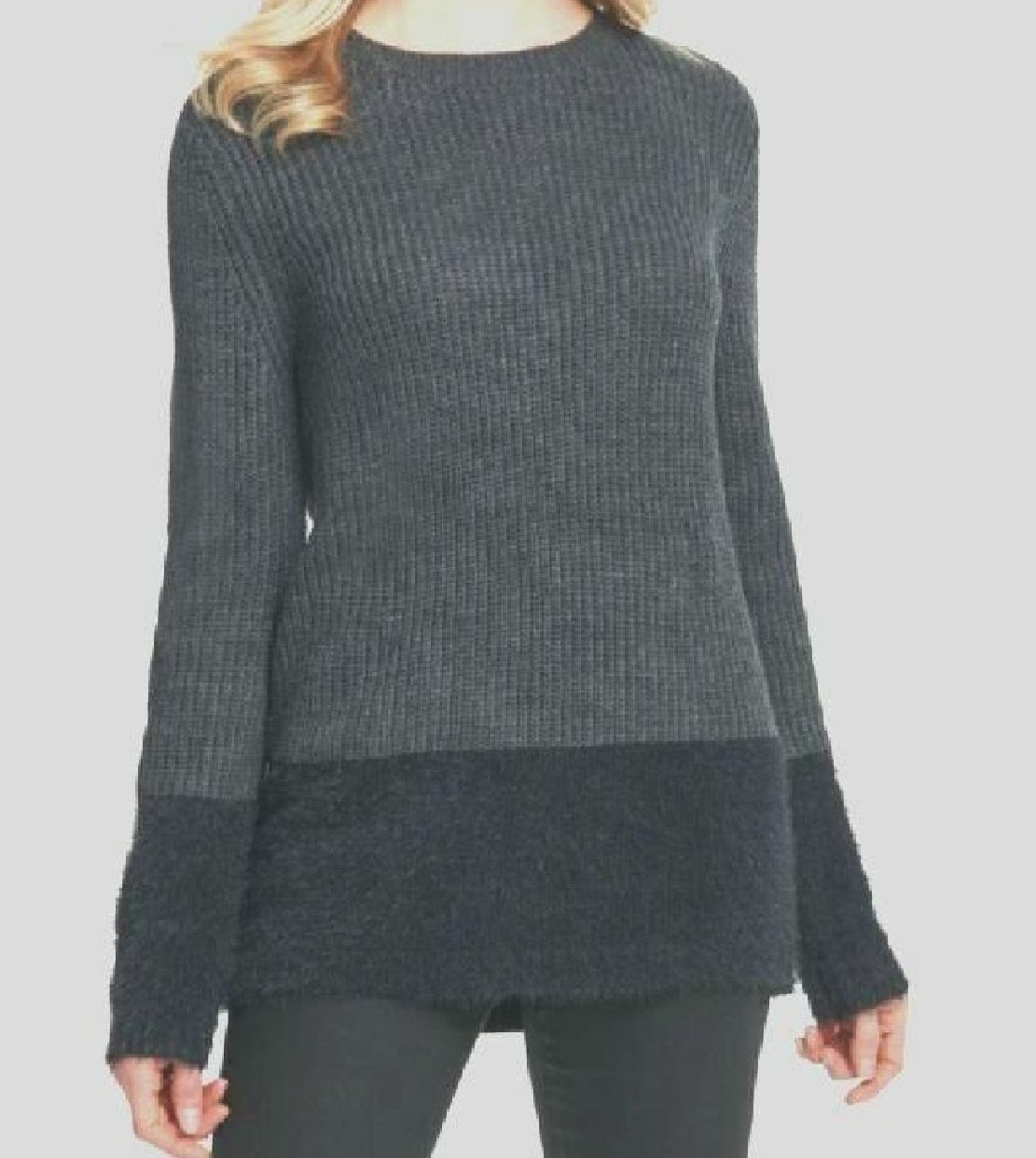 DKNY Women's Faux Fur Printed Long Sleeve Crew Neck Sweater Gray Size Small