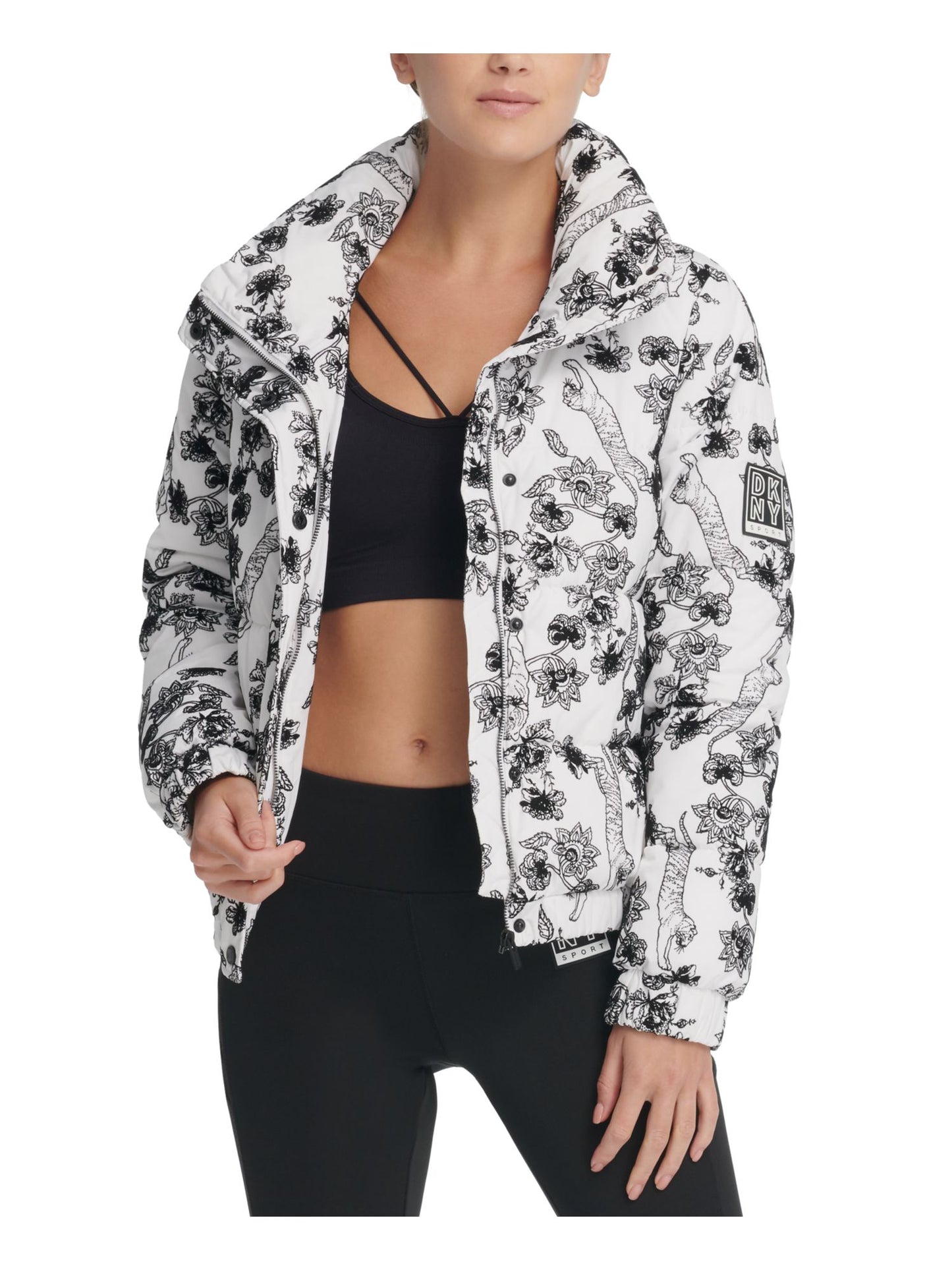 DKNY Women's Zippered Pocketed Textured Button Floral Long Sleeve Mock Neck Puffer Winter Jacket White Size Large