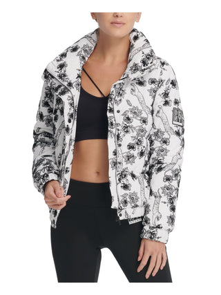 DKNY Women's Zippered Pocketed Textured Button Floral Long Sleeve Mock Neck Puffer Winter Jacket White Size Large