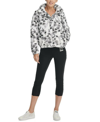 DKNY Women's Zippered Pocketed Textured Button Floral Long Sleeve Mock Neck Puffer Winter Jacket White Size Large
