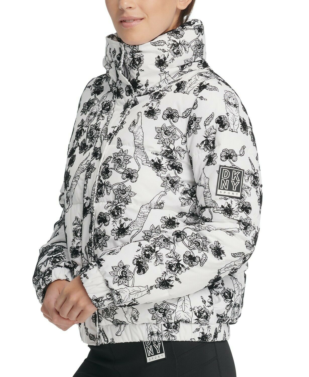 DKNY Women's Zippered Pocketed Textured Button Floral Long Sleeve Mock Neck Puffer Winter Jacket White Size Large