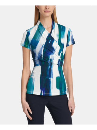 DKNY Women's Printed Short Sleeve V Neck Top Blue Size Large