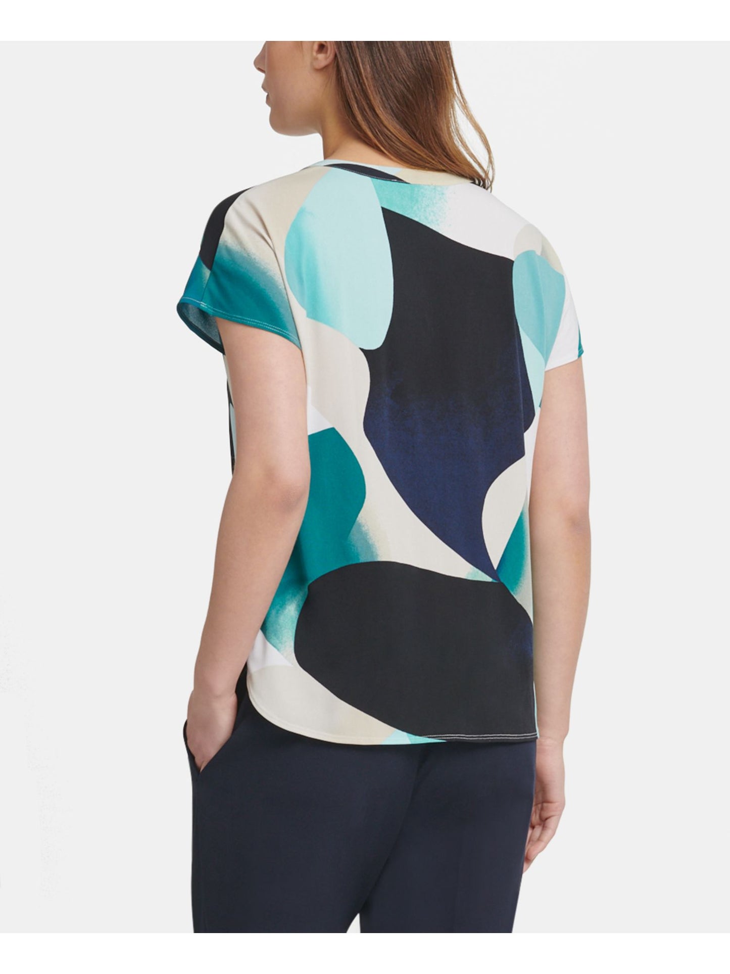 DKNY Women's Printed Short Sleeve V Neck Top Blue Size Large